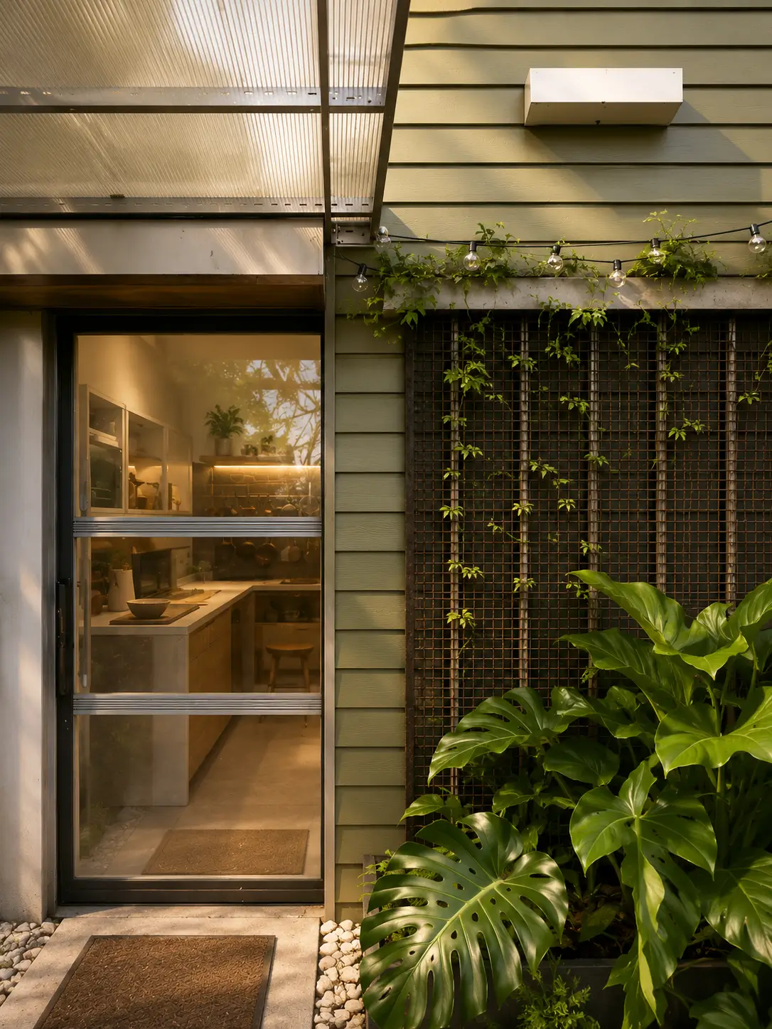 Glass door leading to a warmly lit kitchen with plants and greenery outside on a patio.
