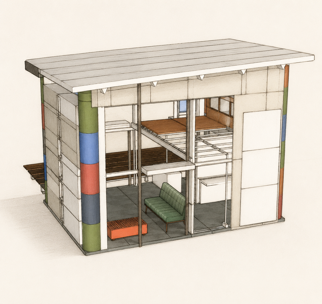 3D architectural model of modern small house with exposed frame and colorful exterior columns.
