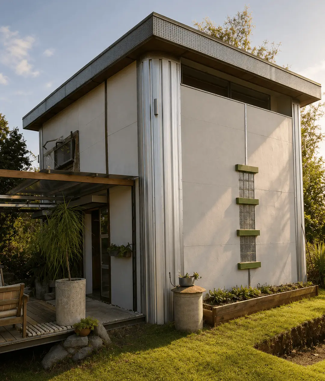 Modern small house with white walls, vertical metal columns, and a garden with plants and grass.