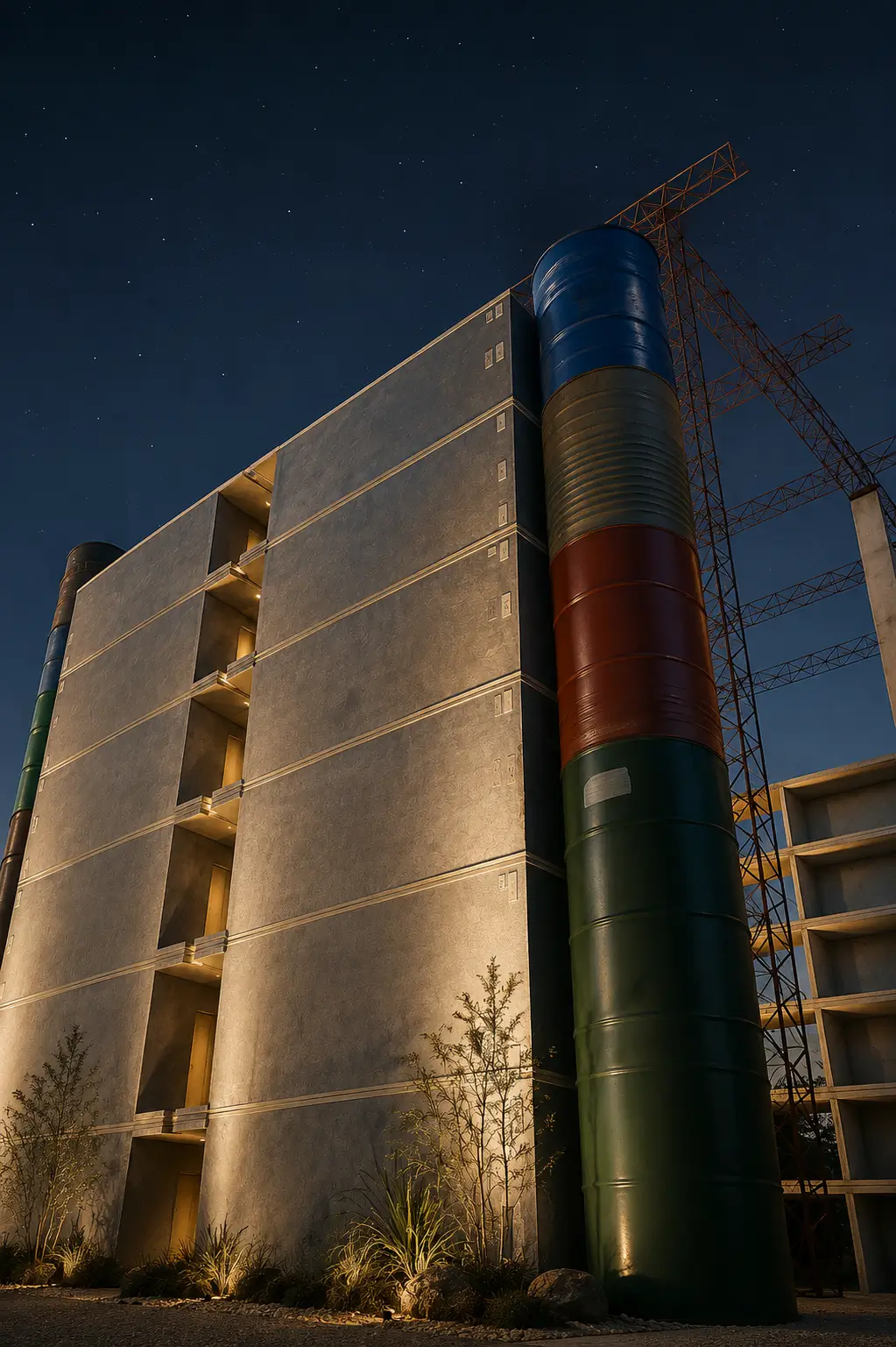 Night view of a tall concrete building with colorful cylindrical sections and starry sky.