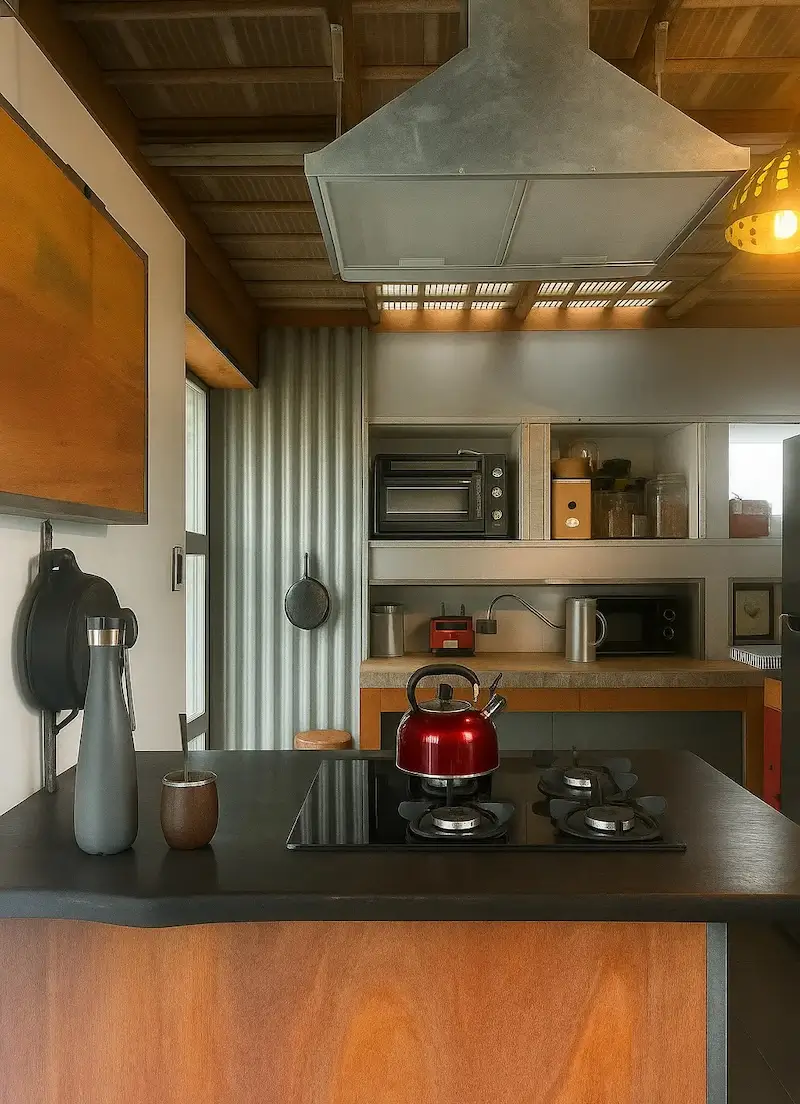 Modern kitchen with black stovetop, red kettle, grey water bottle, and wooden cabinets.
