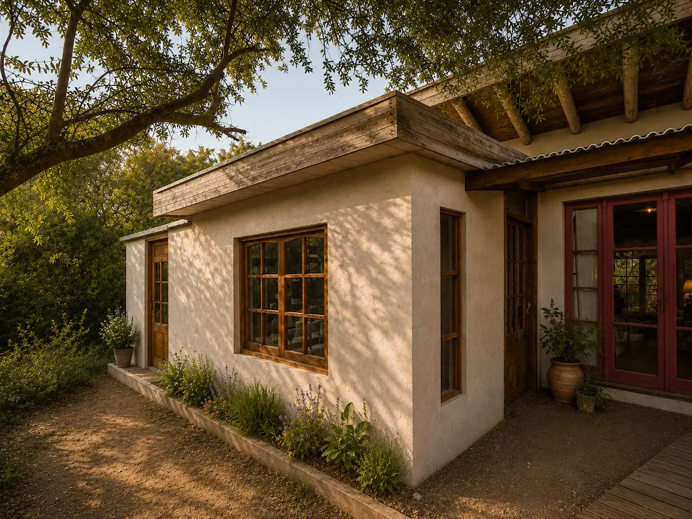 Sunlit house corner with wooden window frames, doors, plants, and tree branches overhead.