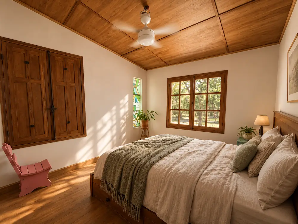 Cozy bedroom with wooden ceiling, large window, white bed, green throw, and wooden wardrobe.