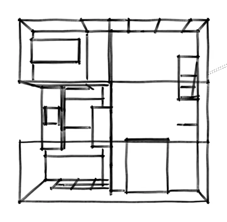 Black and white hand-drawn sketch of a house floor plan with rooms divided by thick lines.