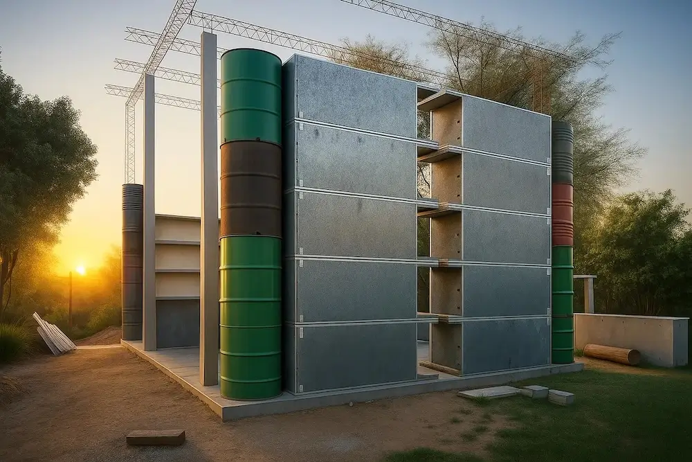 Modern building under construction with metal panels and green cylindrical columns at sunset.