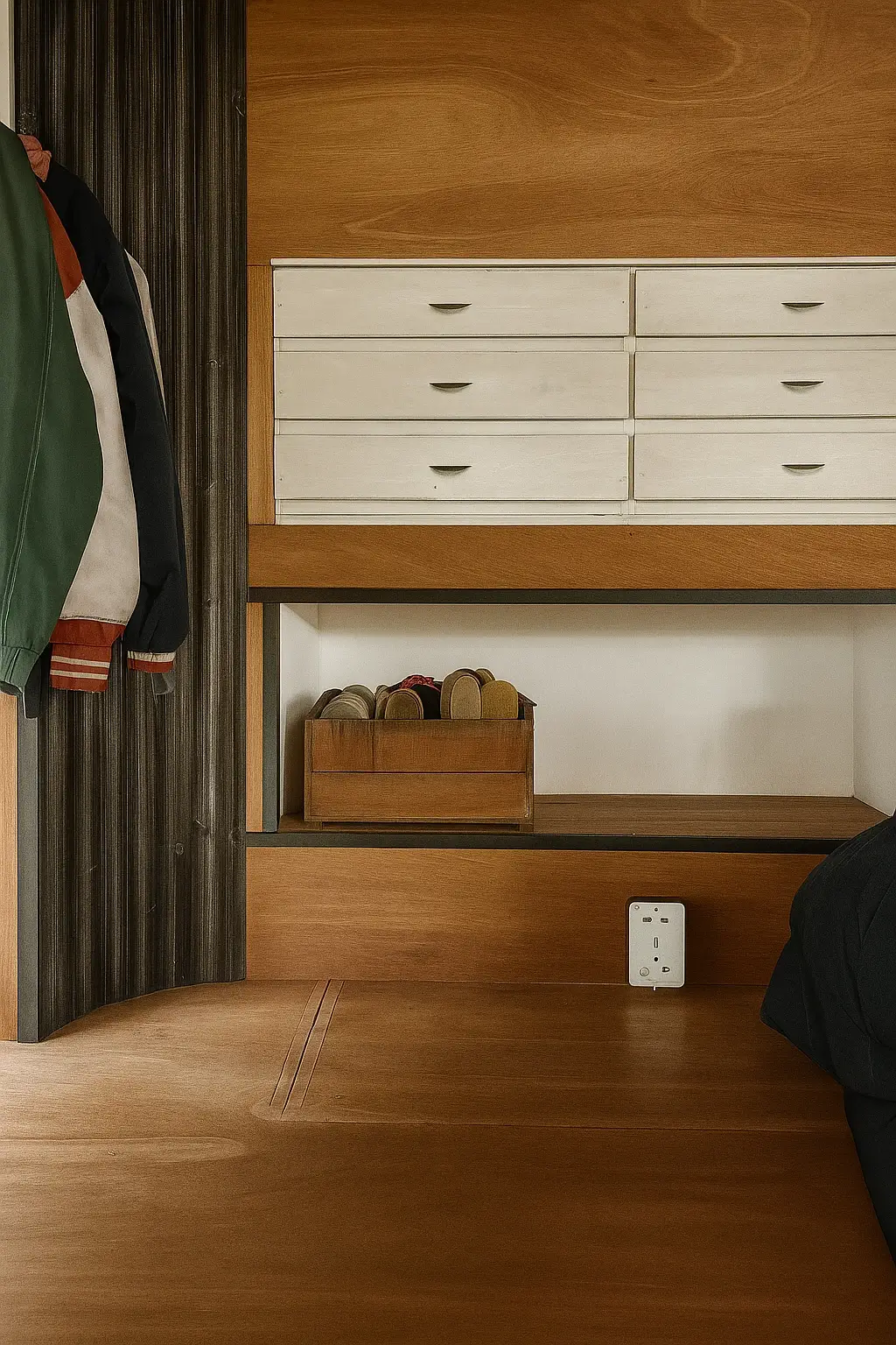 Wooden furniture with white drawers, a box of shoes, clothes hanging on left side inside a room.