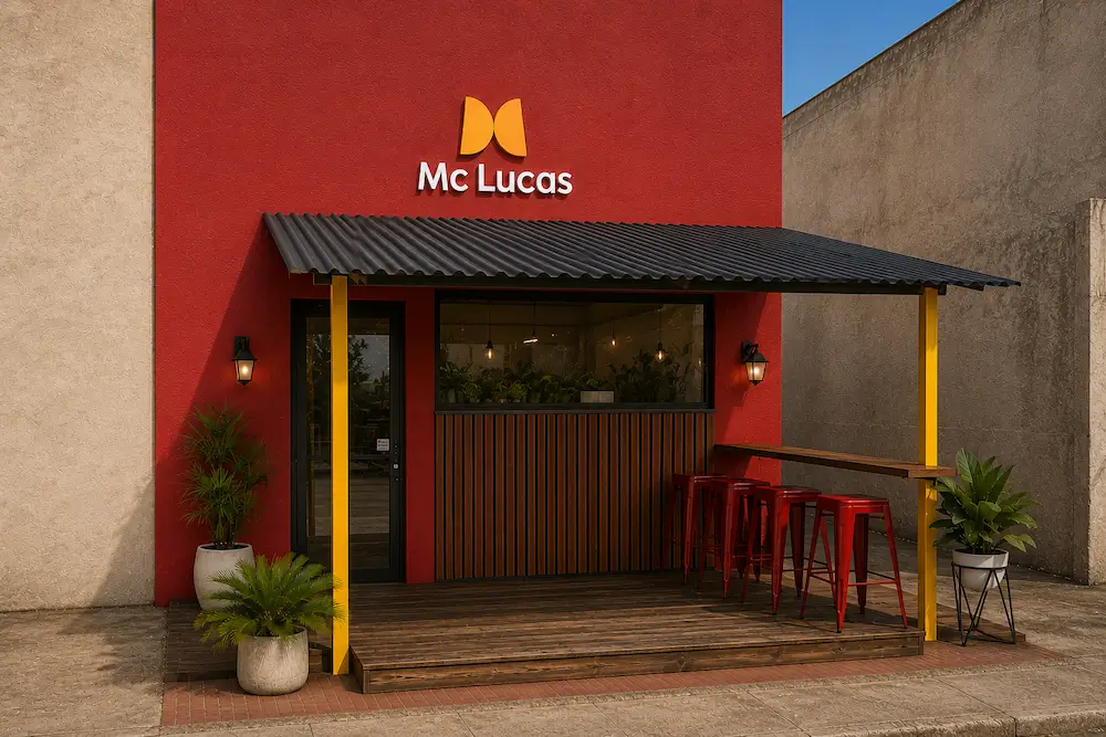 Mc Lucas storefront with red wall, yellow pillars, wooden deck, red stools, and potted plants.