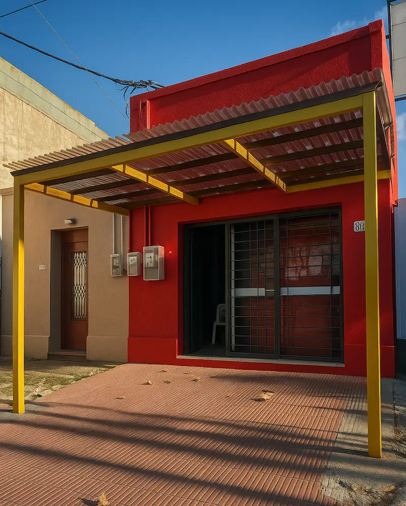 Small red building with a yellow-framed translucent roof over a tiled patio and a sliding window door.