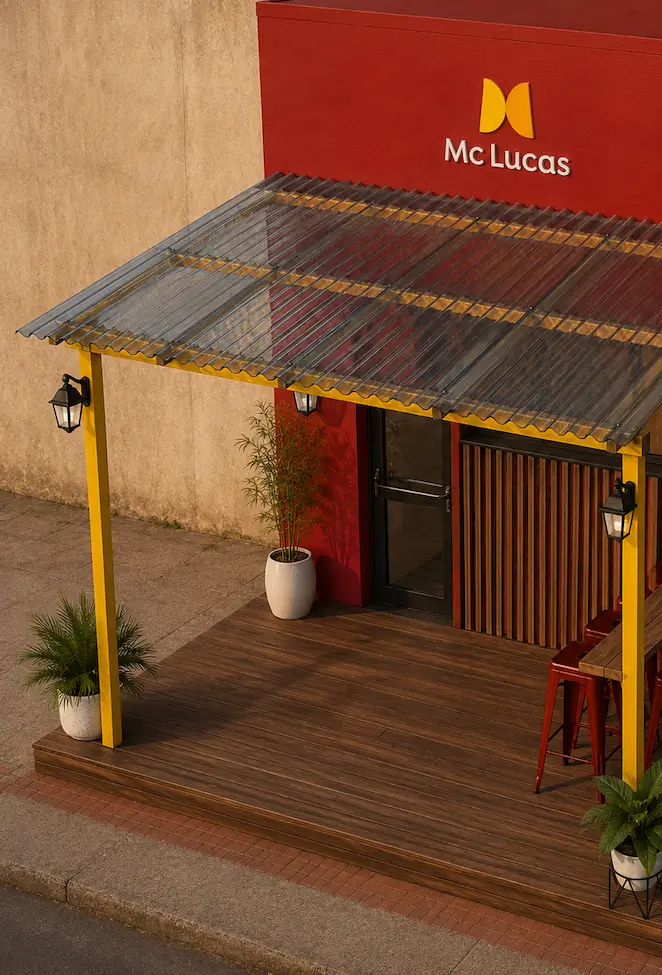 Outdoor entrance with yellow posts, transparent roof, wooden floor, red stools, and Mc Lucas sign on red wall.